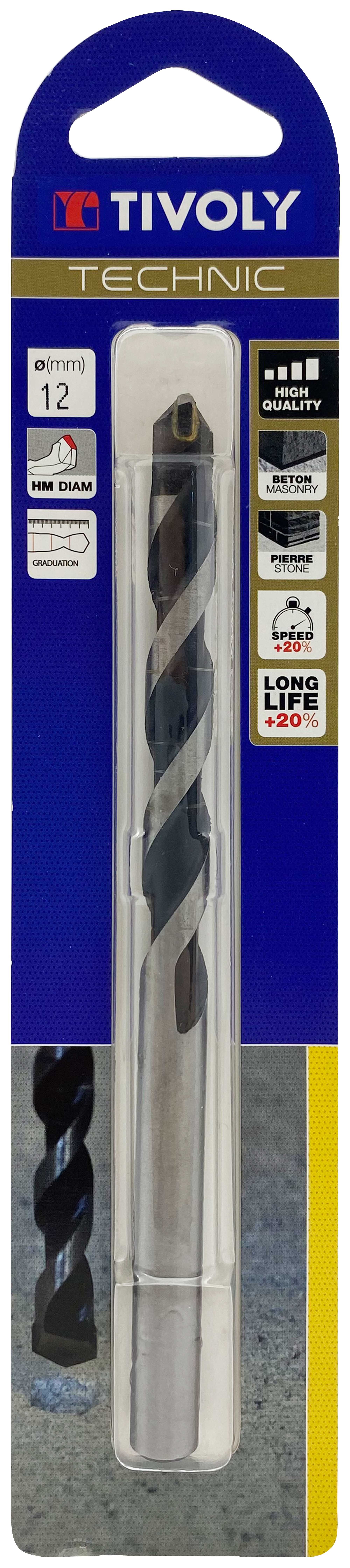 Foret bétons -Plaquette carbure affûtée diamant -Queue cylindrique -Gradué SLR - / L: 150 Ø: 12 TIVOLY - 10960321200