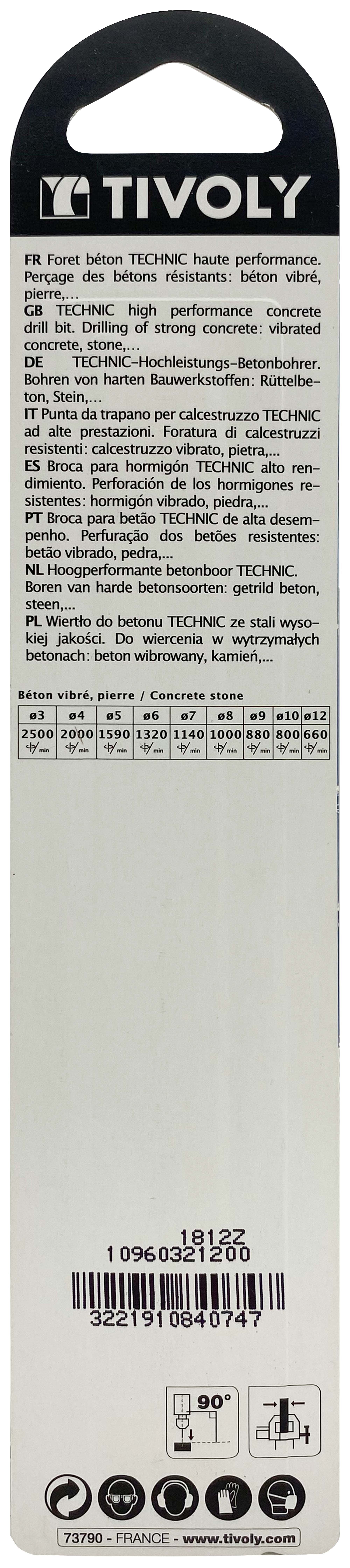 Foret bétons -Plaquette carbure affûtée diamant -Queue cylindrique -Gradué SLR - / L: 150 Ø: 12 TIVOLY - 10960321200
