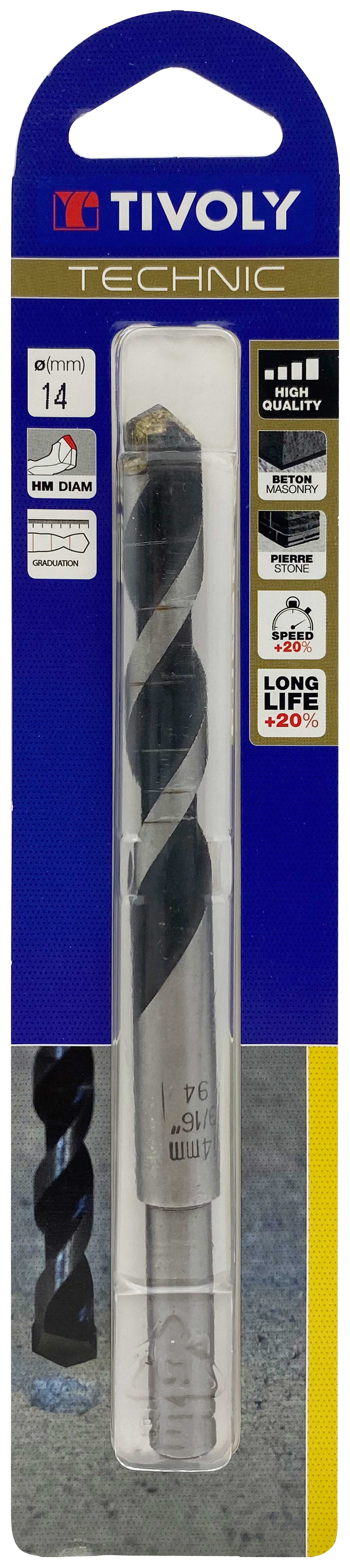 Foret bétons -Plaquette carbure affûtée diamant -Queue cylindrique -Gradué SLR - / L: 150 Ø: 14 TIVOLY - 10960321400