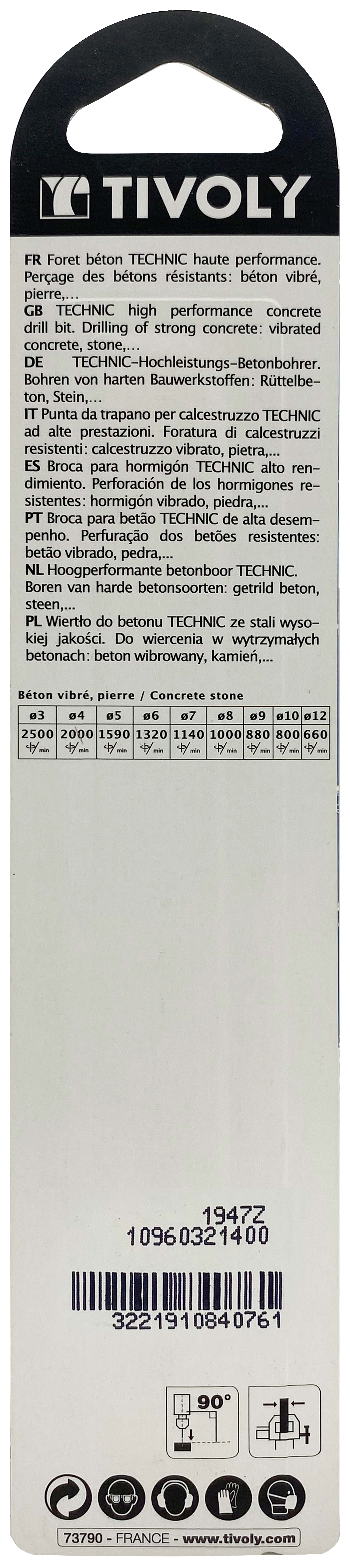 Foret bétons -Plaquette carbure affûtée diamant -Queue cylindrique -Gradué SLR - / L: 150 Ø: 14 TIVOLY - 10960321400