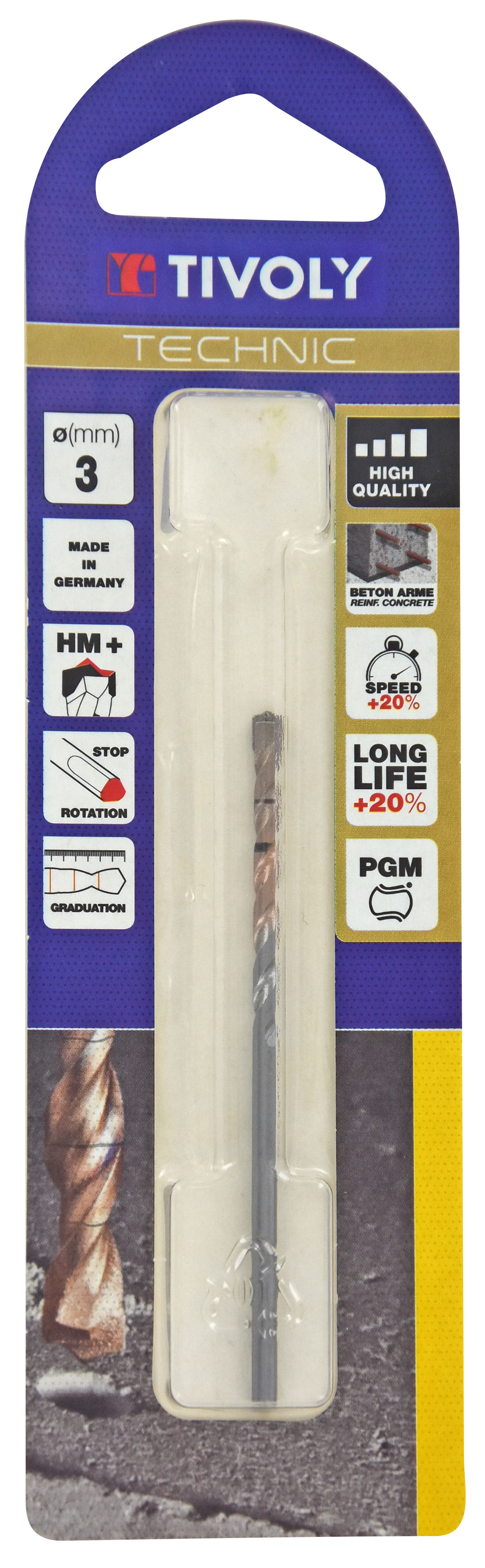 Foret bétons -Plaquette carbure pointe de centrage -Queue cylindrique 3 méplats / L: 60 Ø: 3 TIVOLY - 10960520300