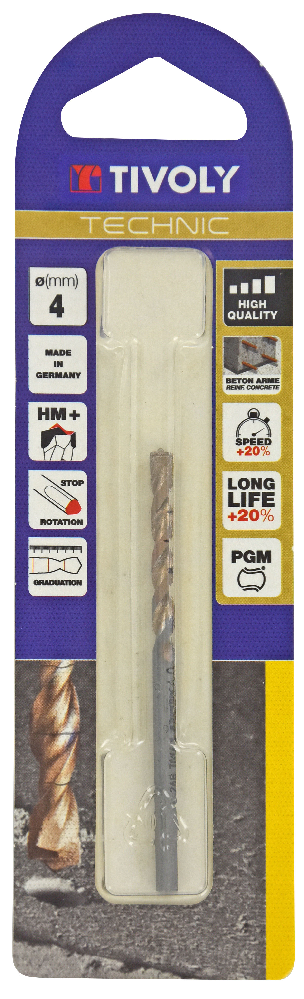 Foret bétons -Plaquette carbure pointe de centrage -Queue cylindrique 3 méplats / L: 75 Ø: 4 TIVOLY - 10960520400