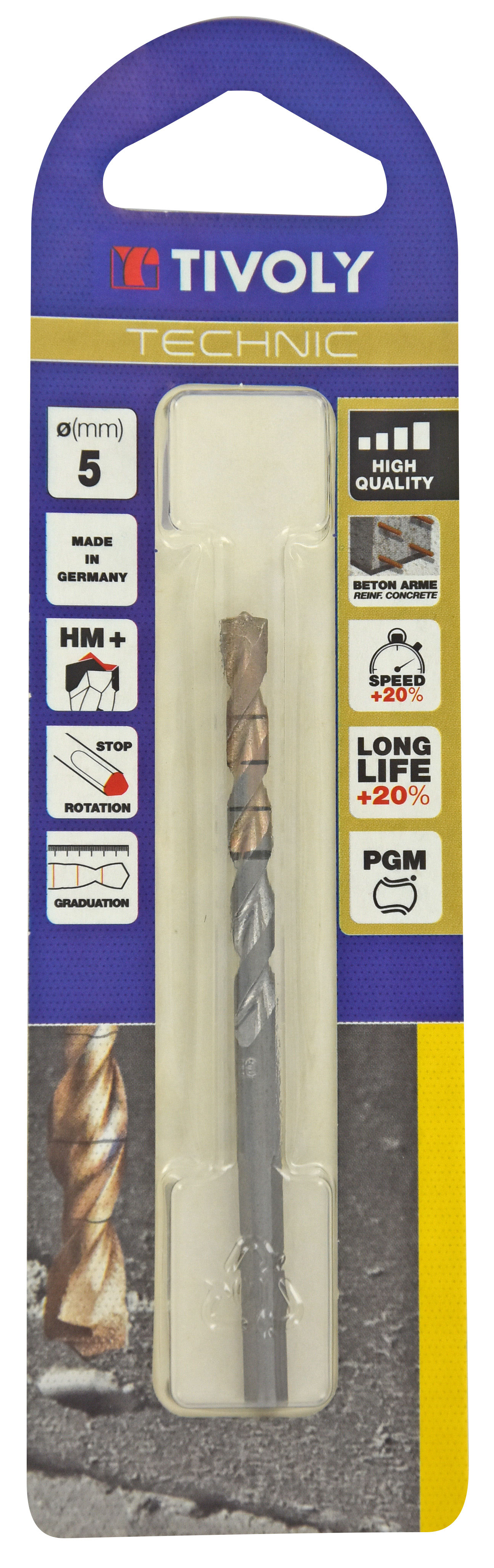 Foret bétons -Plaquette carbure pointe de centrage -Queue cylindrique 3 méplats / L: 85 Ø: 5 TIVOLY - 10960520500