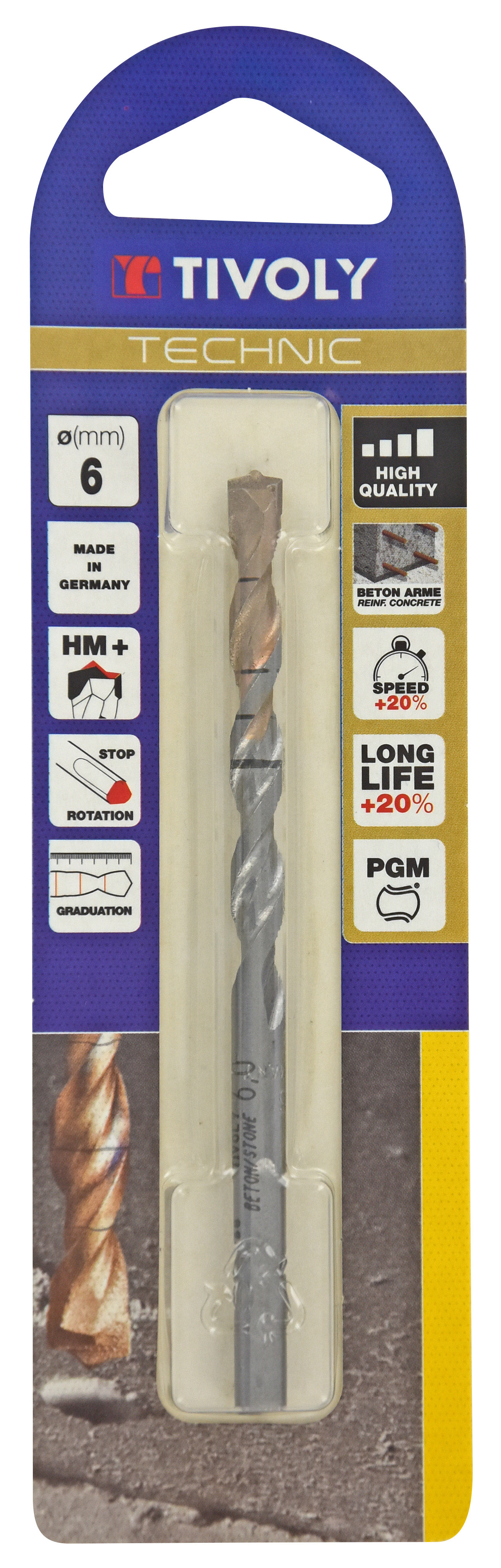 Foret bétons -Plaquette carbure pointe de centrage -Queue cylindrique 3 méplats / L: 100 Ø: 6 TIVOLY - 10960520600