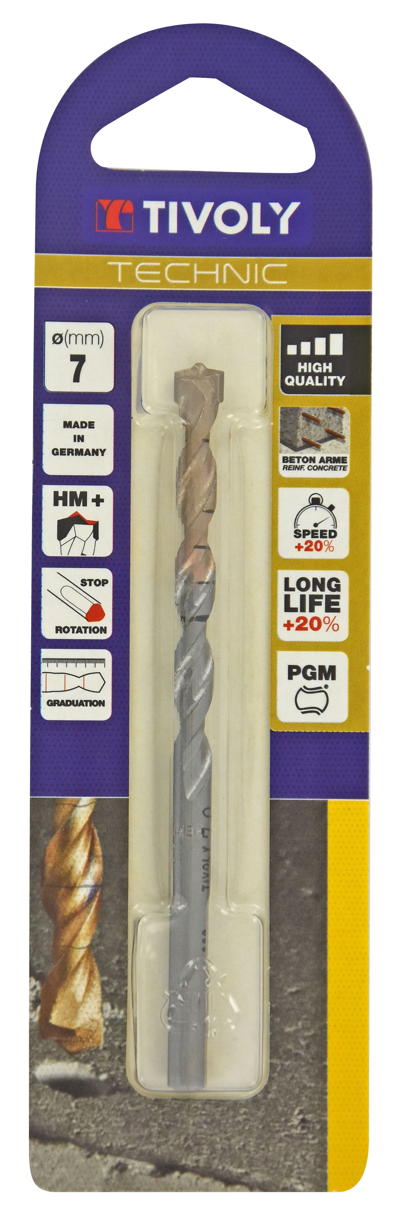 Foret bétons -Plaquette carbure pointe de centrage -Queue cylindrique 3 méplats / L: 100 Ø: 7 TIVOLY - 10960520700