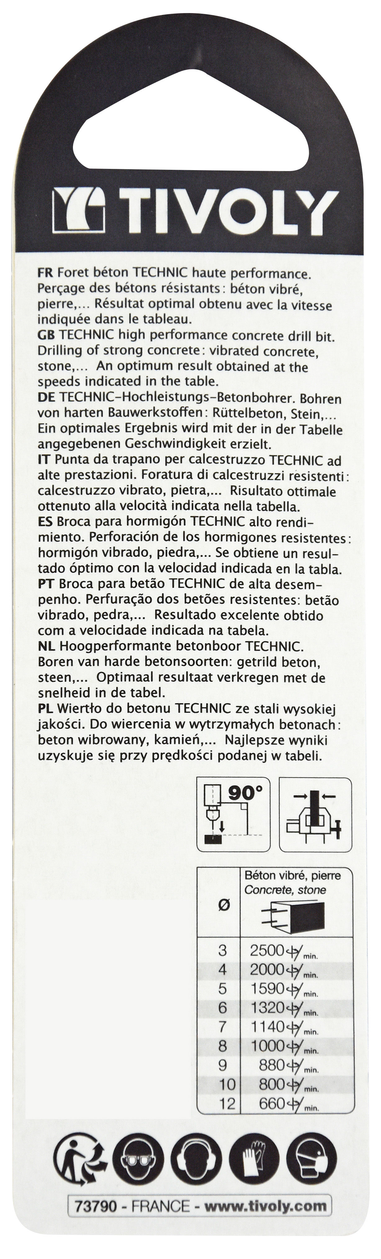 Foret bétons -Plaquette carbure pointe de centrage -Queue cylindrique 3 méplats / L: 100 Ø: 7 TIVOLY - 10960520700