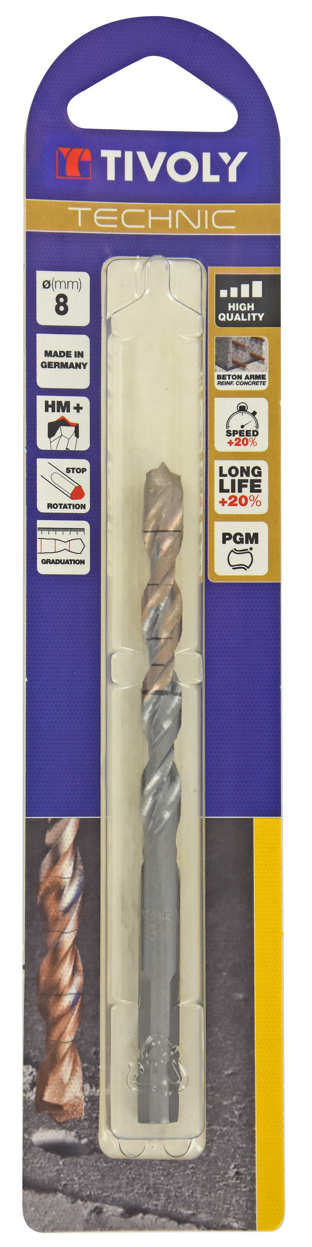 Foret bétons -Plaquette carbure pointe de centrage -Queue cylindrique 3 méplats / L: 120 Ø: 8 TIVOLY - 10960520800