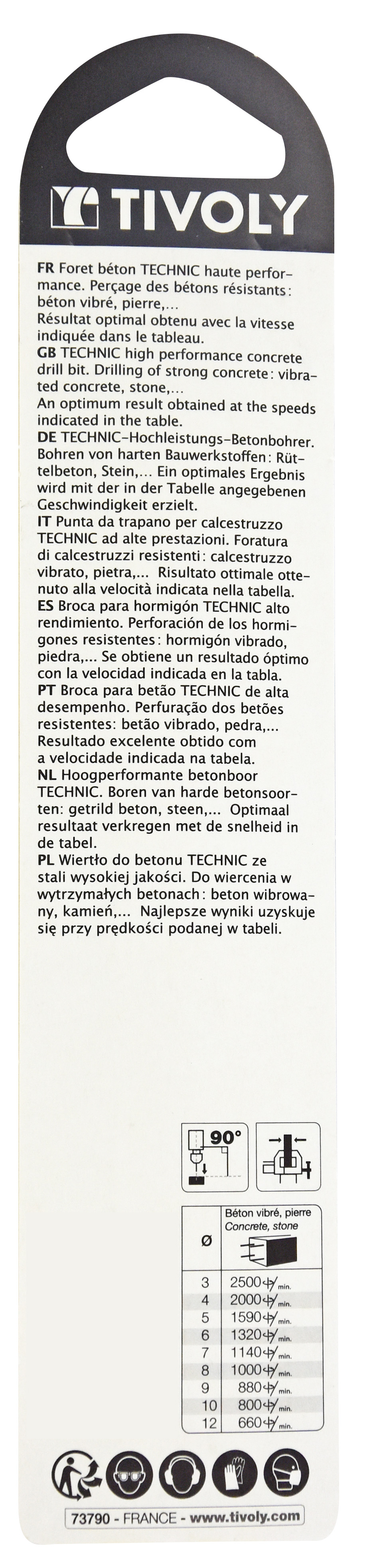 Foret bétons -Plaquette carbure pointe de centrage -Queue cylindrique 3 méplats / L: 120 Ø: 8 TIVOLY - 10960520800