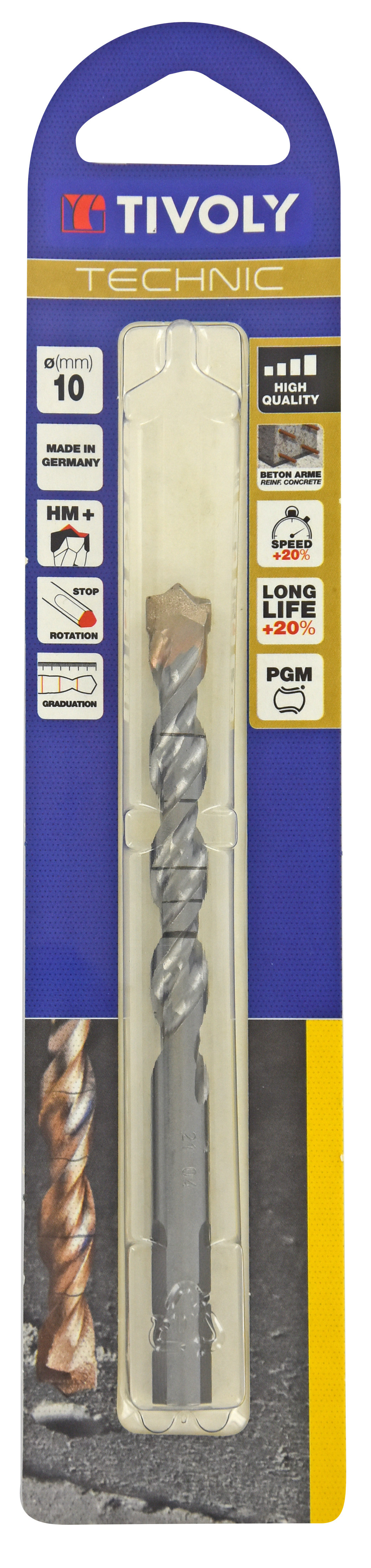 Foret bétons -Plaquette carbure pointe de centrage -Queue cylindrique 3 méplats / L: 120 Ø: 10 TIVOLY - 10960521000