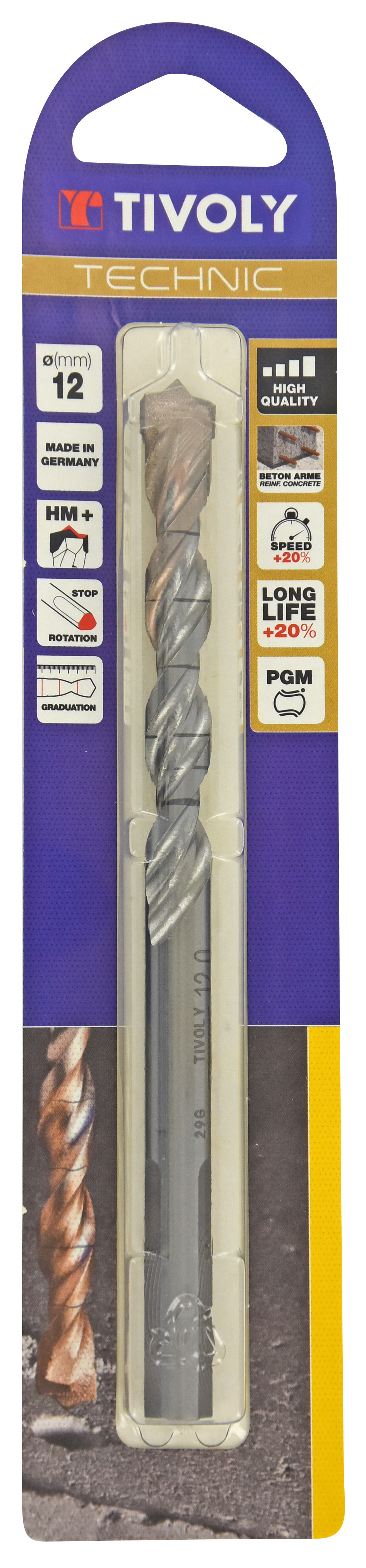 Foret bétons -Plaquette carbure pointe de centrage -Queue cylindrique 3 méplats / L: 150 Ø: 12 TIVOLY - 10960521200