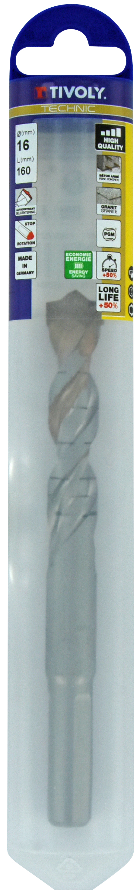 Foret bétons -Plaquette carbure pointe de centrage -Queue cylindrique 3 méplats / L: 160 Ø: 16 TIVOLY - 10960521600