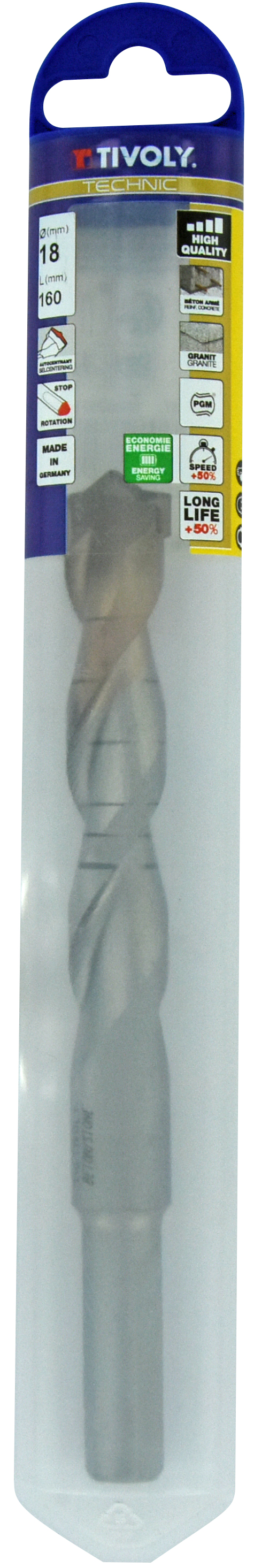 Foret bétons -Plaquette carbure pointe de centrage -Queue cylindrique 3 méplats / L: 160 Ø: 18 TIVOLY - 10960521800