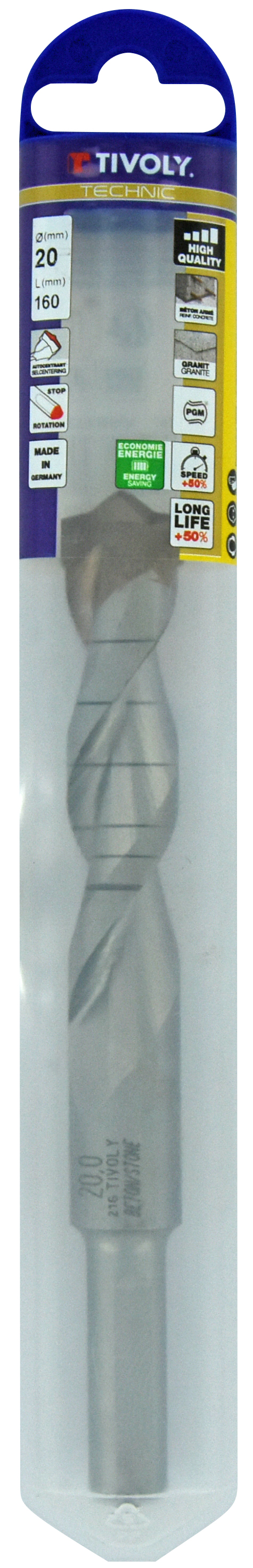 Foret bétons -Plaquette carbure pointe de centrage -Queue cylindrique 3 méplats / L: 160 Ø: 20 TIVOLY - 10960522000