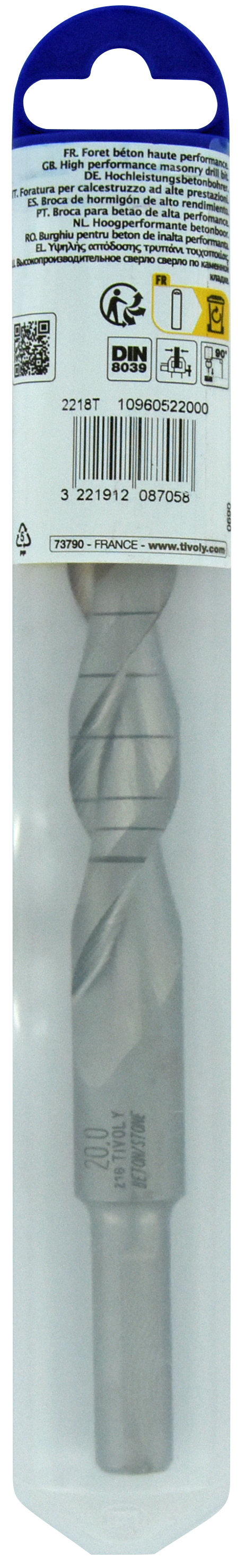 Foret bétons -Plaquette carbure pointe de centrage -Queue cylindrique 3 méplats / L: 160 Ø: 20 TIVOLY - 10960522000