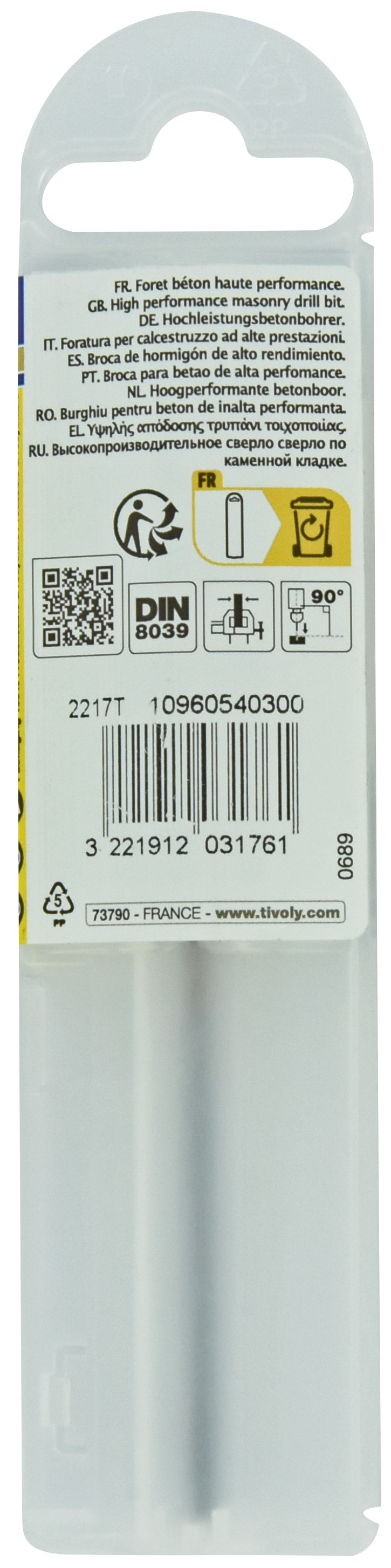 Foret bétons -Plaquette carbure pointe de centrage -Queue cylindrique 3 méplats -Gradué SLR / L: 60 Ø: 3 TIVOLY - 10960540300