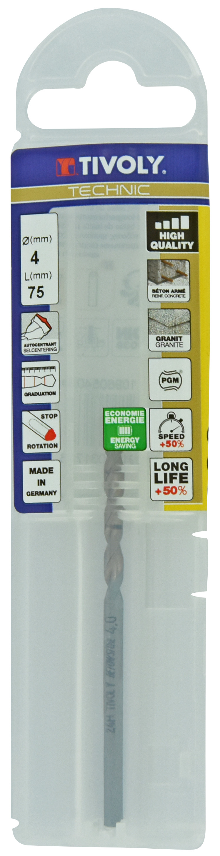 Foret bétons -Plaquette carbure pointe de centrage -Queue cylindrique 3 méplats -Gradué SLR / L: 75 Ø: 4 TIVOLY - 10960540400