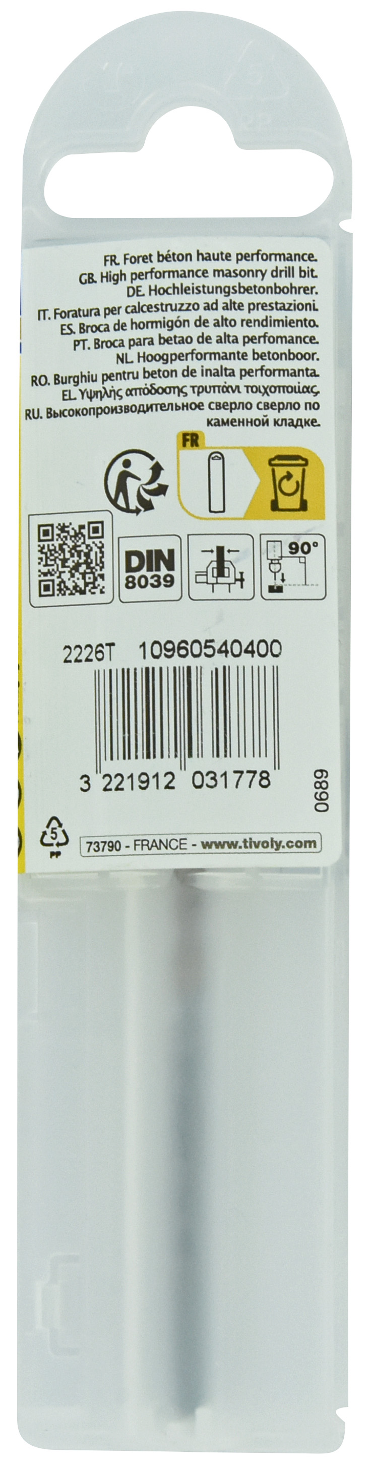 Foret bétons -Plaquette carbure pointe de centrage -Queue cylindrique 3 méplats -Gradué SLR / L: 75 Ø: 4 TIVOLY - 10960540400