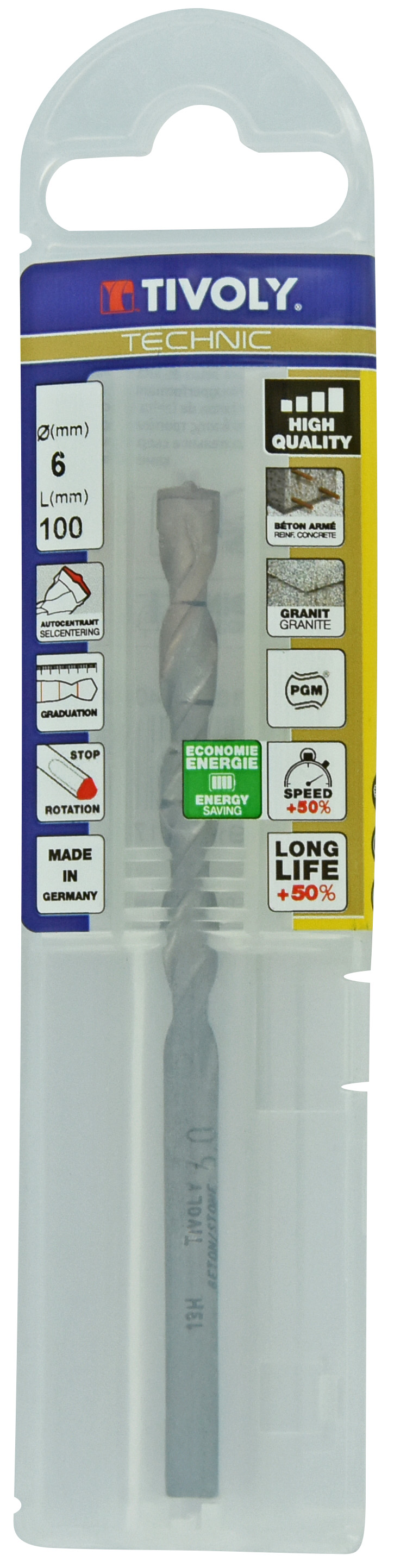 Foret bétons -Plaquette carbure pointe de centrage -Queue cylindrique 3 méplats -Gradué SLR / L: 100 Ø: 6 TIVOLY - 10960540600