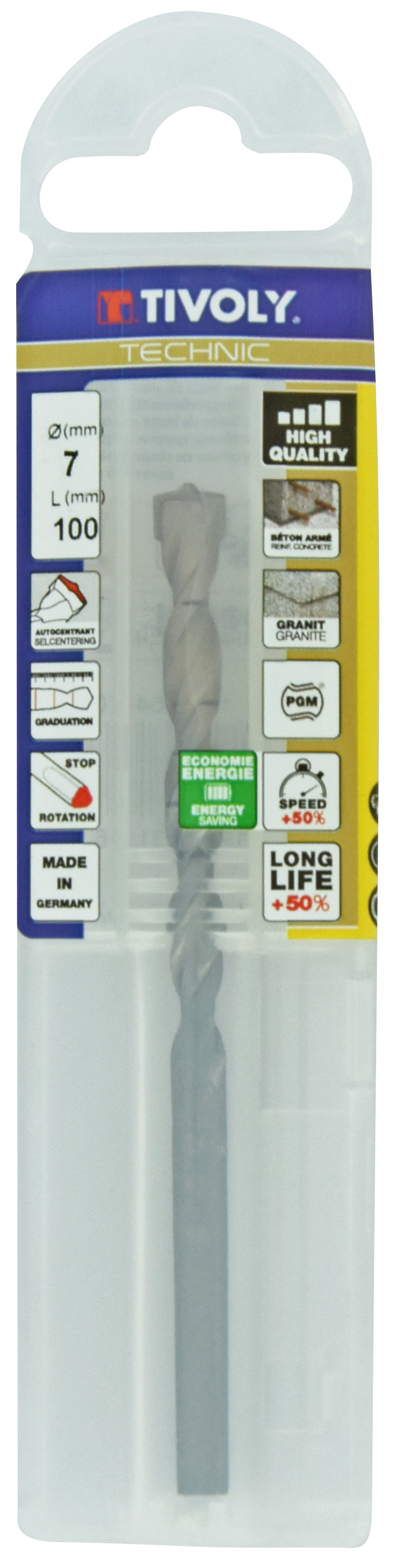 Foret bétons -Plaquette carbure pointe de centrage -Queue cylindrique 3 méplats -Gradué SLR / L: 100 Ø: 7 TIVOLY - 10960540700