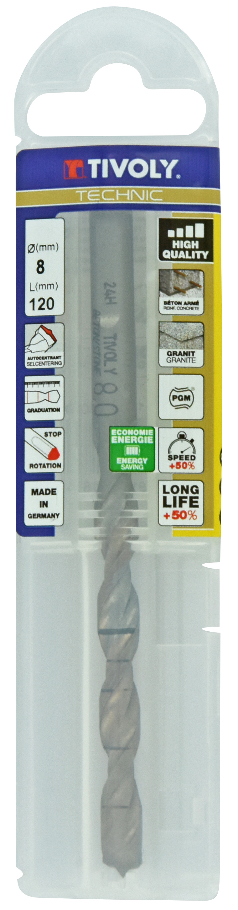 Foret bétons -Plaquette carbure pointe de centrage -Queue cylindrique 3 méplats -Gradué SLR / L: 120 Ø: 8 TIVOLY - 10960540800