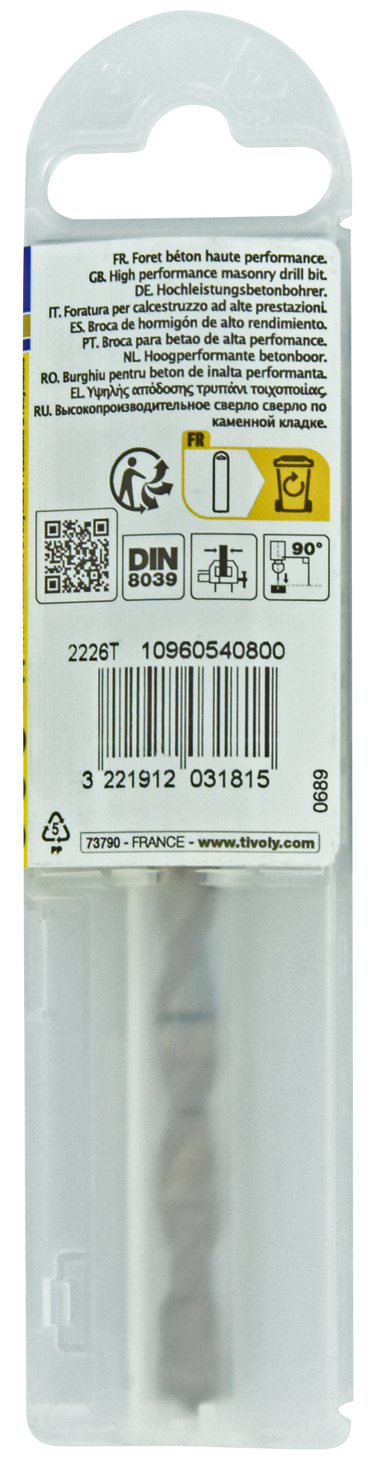 Foret bétons -Plaquette carbure pointe de centrage -Queue cylindrique 3 méplats -Gradué SLR / L: 120 Ø: 8 TIVOLY - 10960540800