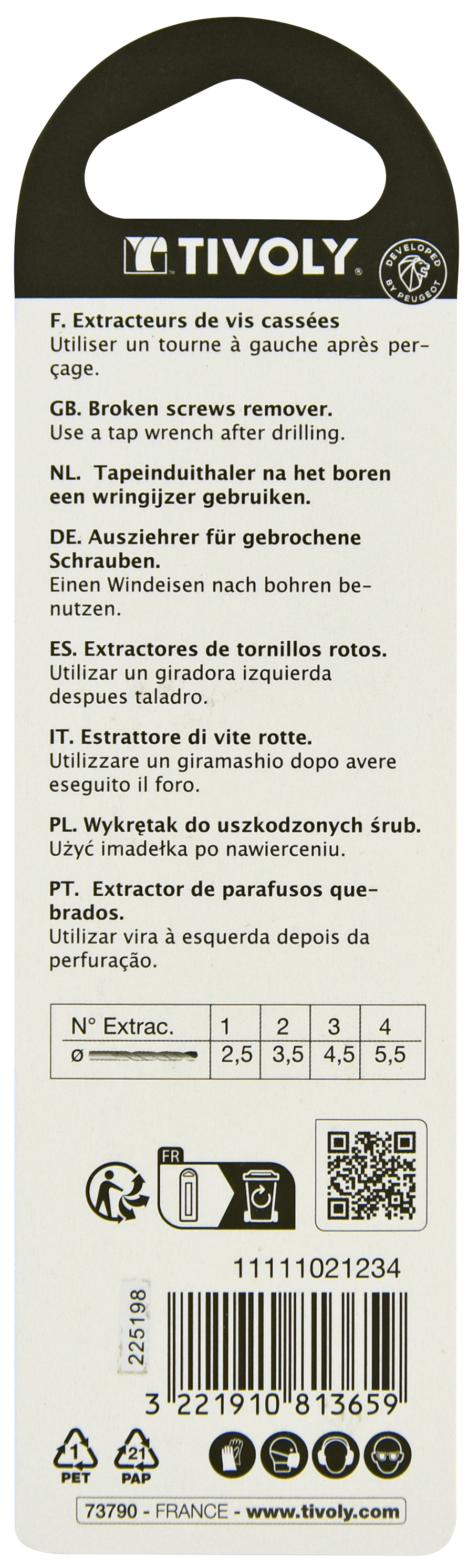 4 pièces -Extracteurs de goujons Ø 2,5 à 5,5mm TIVOLY - 11111021234