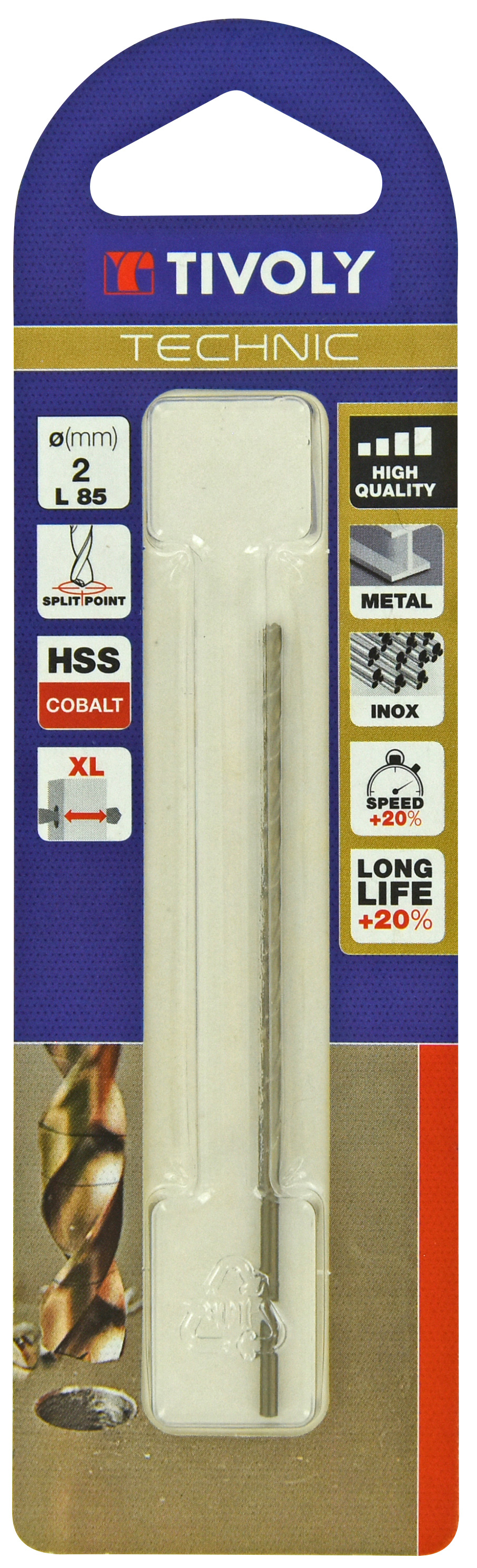 Foret métaux HSS-E5 -Revêtu GOLD -DIN340 -h8 -Série longue -Pointe en croix Ø: 2 L: 85 TIVOLY - 11405720200