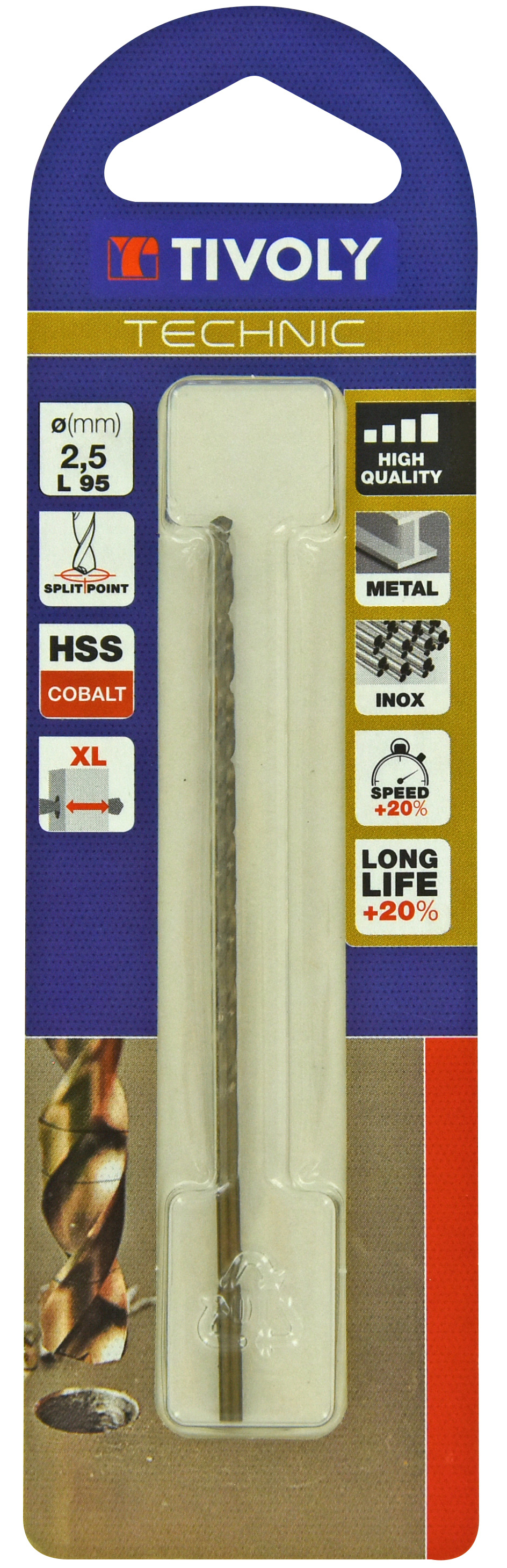 Foret métaux HSS-E5 -Revêtu GOLD -DIN340 -h8 -Série longue -Pointe en croix Ø: 2.5 L: 95 TIVOLY - 11405720250