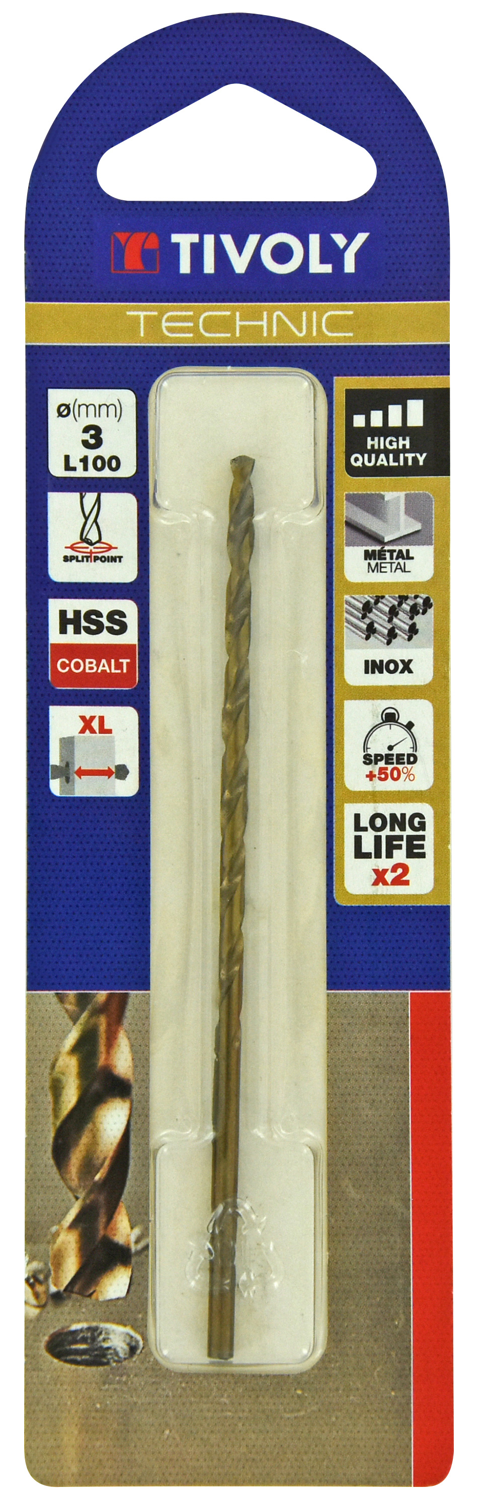 Foret métaux HSS-E5 -Revêtu GOLD -DIN340 -h8 -Série longue -Pointe en croix Ø: 3 L: 100 TIVOLY - 11405720300