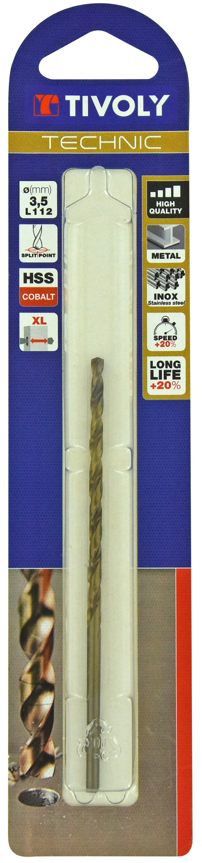 Foret métaux HSS-E5 -Revêtu GOLD -DIN340 -h8 -Série longue -Pointe en croix Ø: 3.5 L: 112 TIVOLY - 11405720350