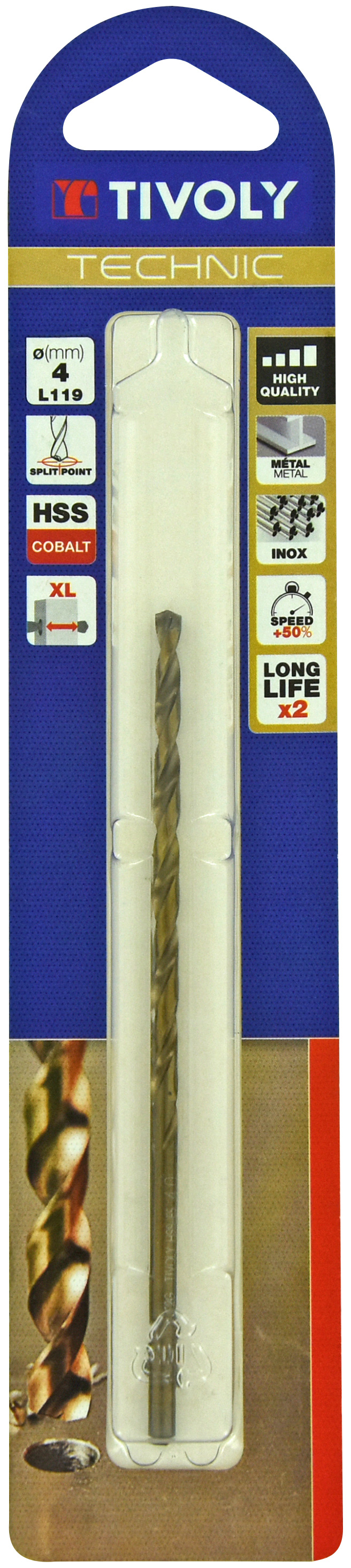 Foret métaux HSS-E5 -Revêtu GOLD -DIN340 -h8 -Série longue -Pointe en croix Ø: 4 L: 119 TIVOLY - 11405720400