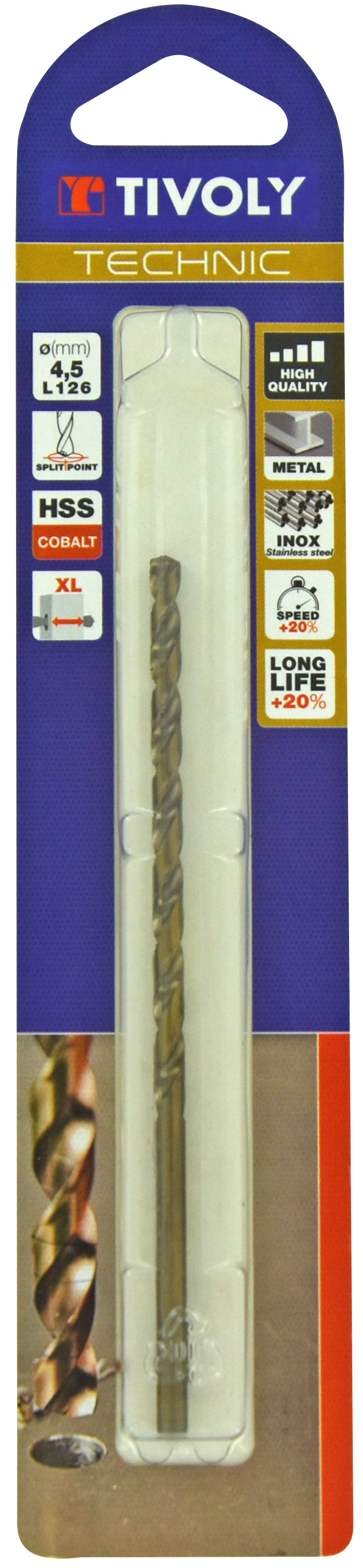 Foret métaux HSS-E5 -Revêtu GOLD -DIN340 -h8 -Série longue -Pointe en croix Ø: 4.5 L: 126 TIVOLY - 11405720450