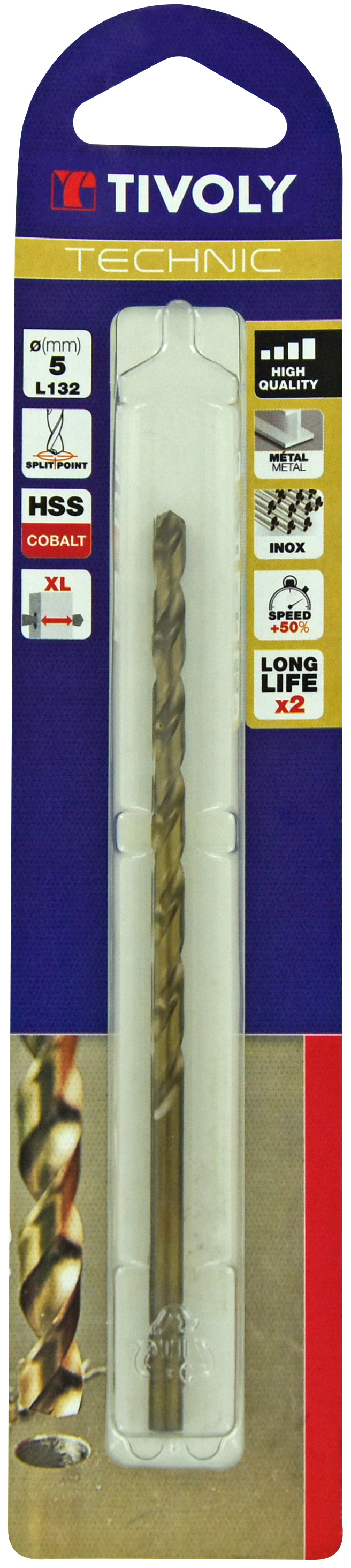 Foret métaux HSS-E5 -Revêtu GOLD -DIN340 -h8 -Série longue -Pointe en croix Ø: 5 L: 132 TIVOLY - 11405720500