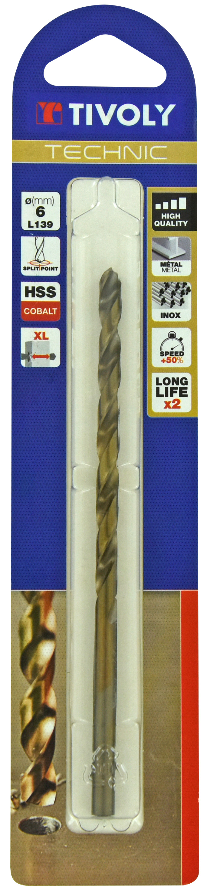 Foret métaux HSS-E5 -Revêtu GOLD -DIN340 -h8 -Série longue -Pointe en croix Ø: 6 L: 139 TIVOLY - 11405720600