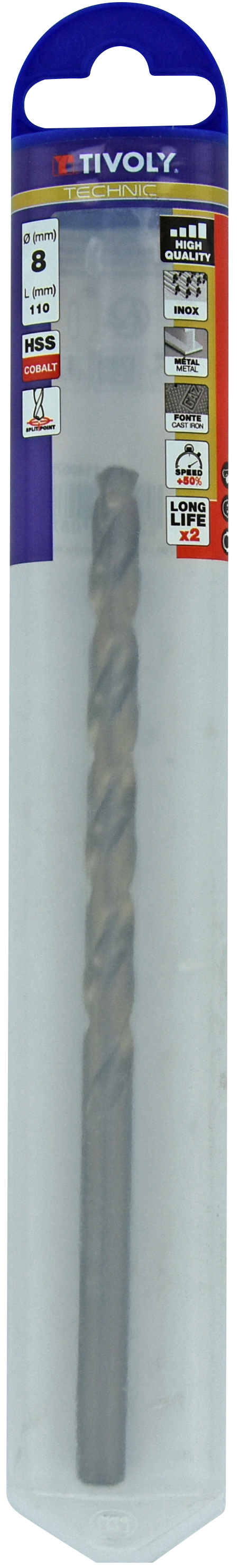 Foret métaux HSS-E5 -Revêtu GOLD -DIN340 -h8 -Série longue -Pointe en croix Ø: 8 L: 165 TIVOLY - 11405720800