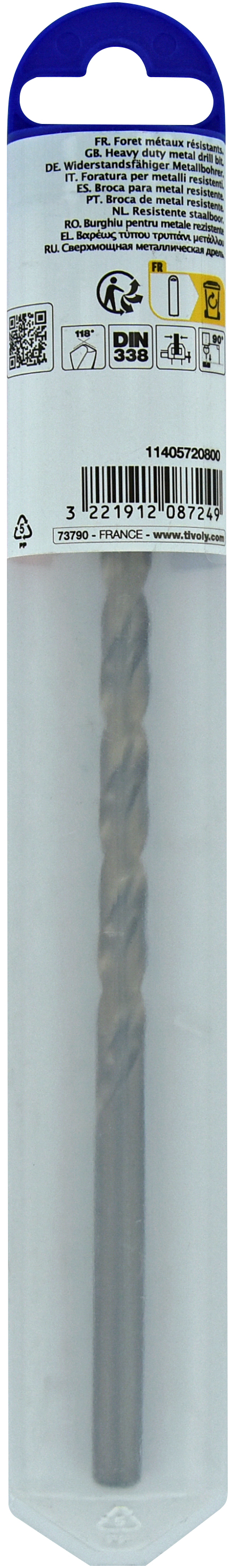 Foret métaux HSS-E5 -Revêtu GOLD -DIN340 -h8 -Série longue -Pointe en croix Ø: 8 L: 165 TIVOLY - 11405720800