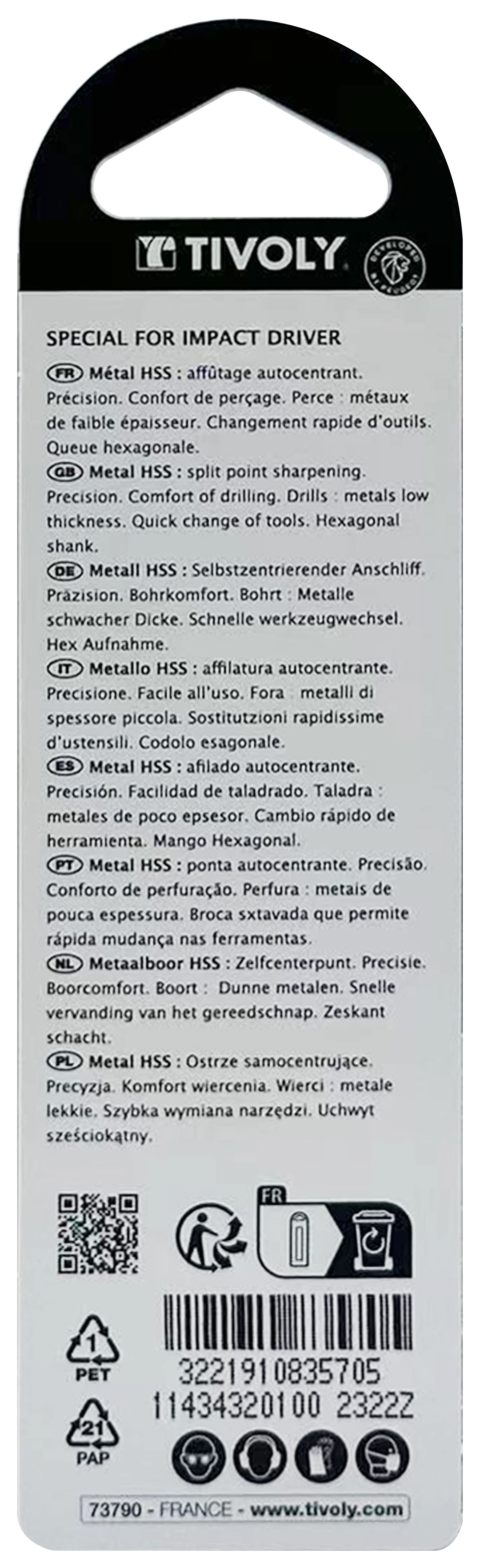 Foret métaux taillé meulé Shock Serie HSS -Revêtu STEAM -Affûtage spécial -Queue hexagonale Ø: 1 L: 61 TIVOLY - 11434320100