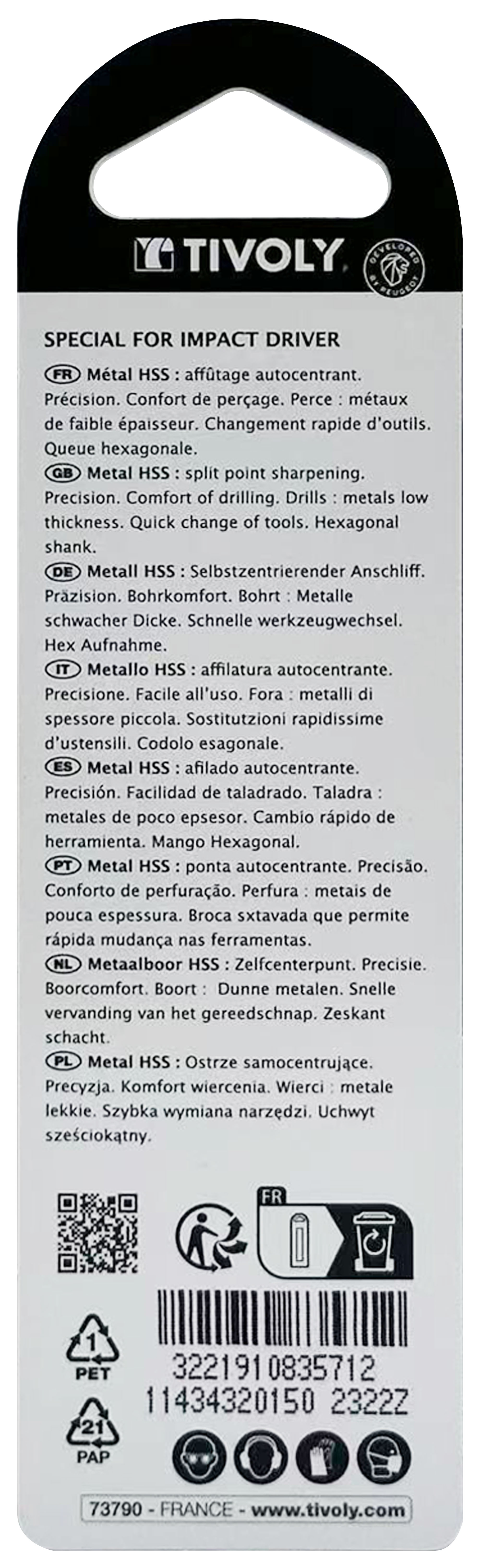 Foret métaux taillé meulé Shock Serie HSS -Revêtu STEAM -Affûtage spécial -Queue hexagonale Ø: 1.5 L: 65 TIVOLY - 11434320150
