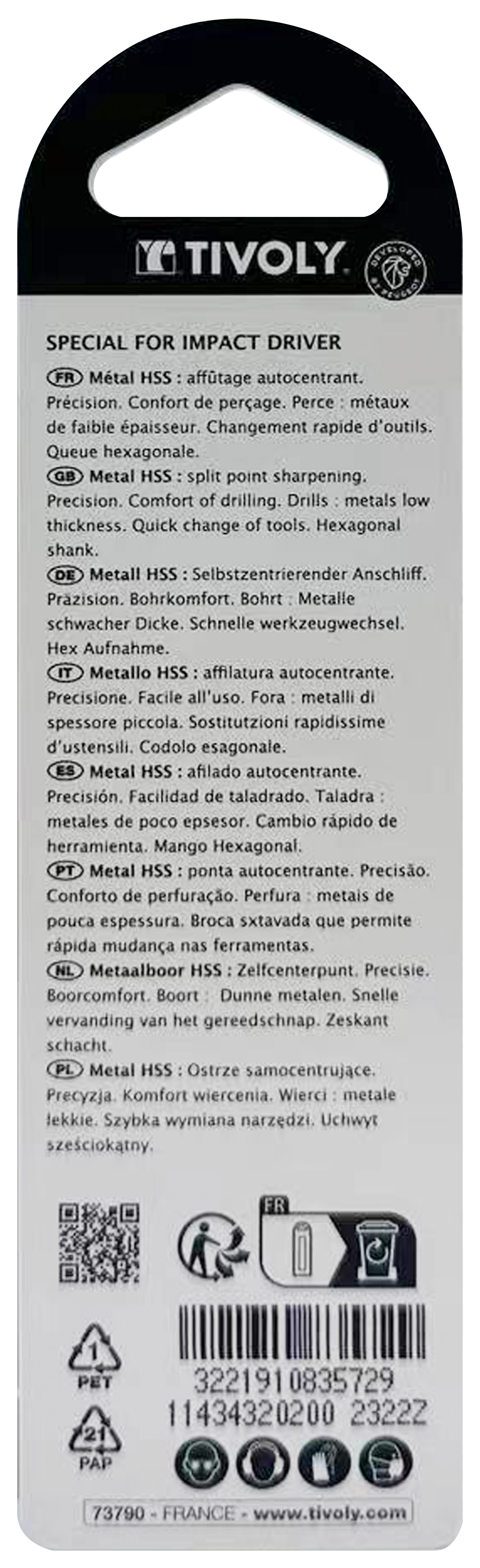Foret métaux taillé meulé Shock Serie HSS -Revêtu STEAM -Affûtage spécial -Queue hexagonale Ø: 2 L: 68 TIVOLY - 11434320200
