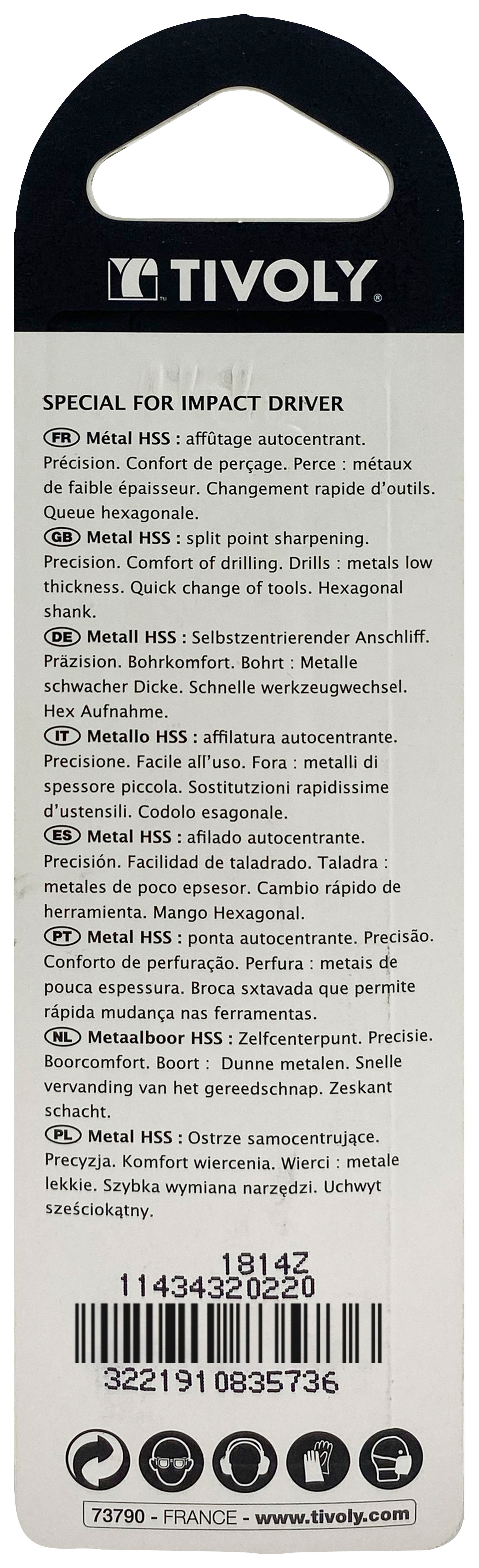 Foret métaux taillé meulé Shock Serie HSS -Revêtu STEAM -Affûtage spécial -Queue hexagonale Ø: 2.2 L: 72 TIVOLY - 11434320220