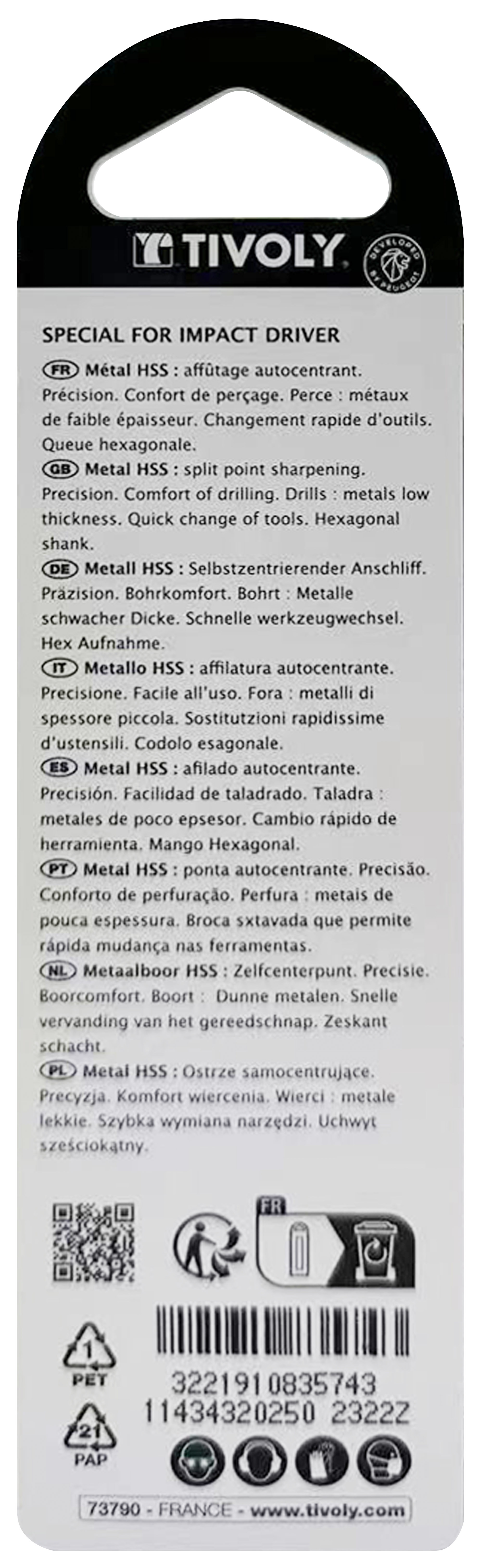 Foret métaux taillé meulé Shock Serie HSS -Revêtu STEAM -Affûtage spécial -Queue hexagonale Ø: 2.5 L: 76 TIVOLY - 11434320250