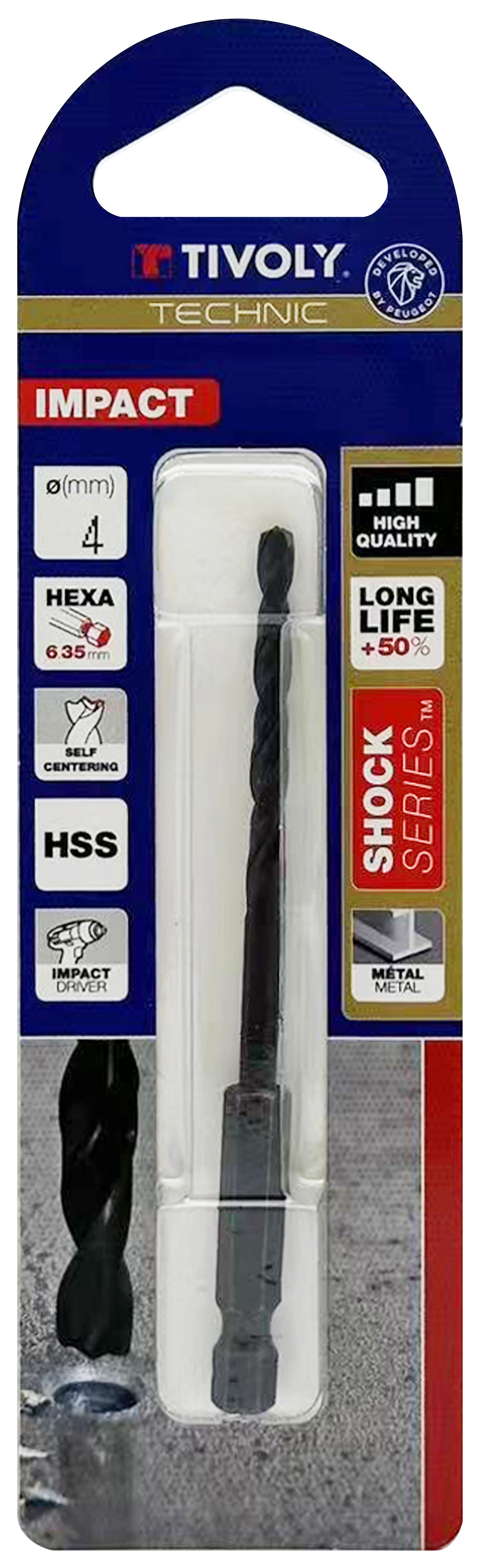 Foret métaux taillé meulé Shock Serie HSS -Revêtu STEAM -Affûtage spécial -Queue hexagonale Ø: 4 L: 94 TIVOLY - 11434320400