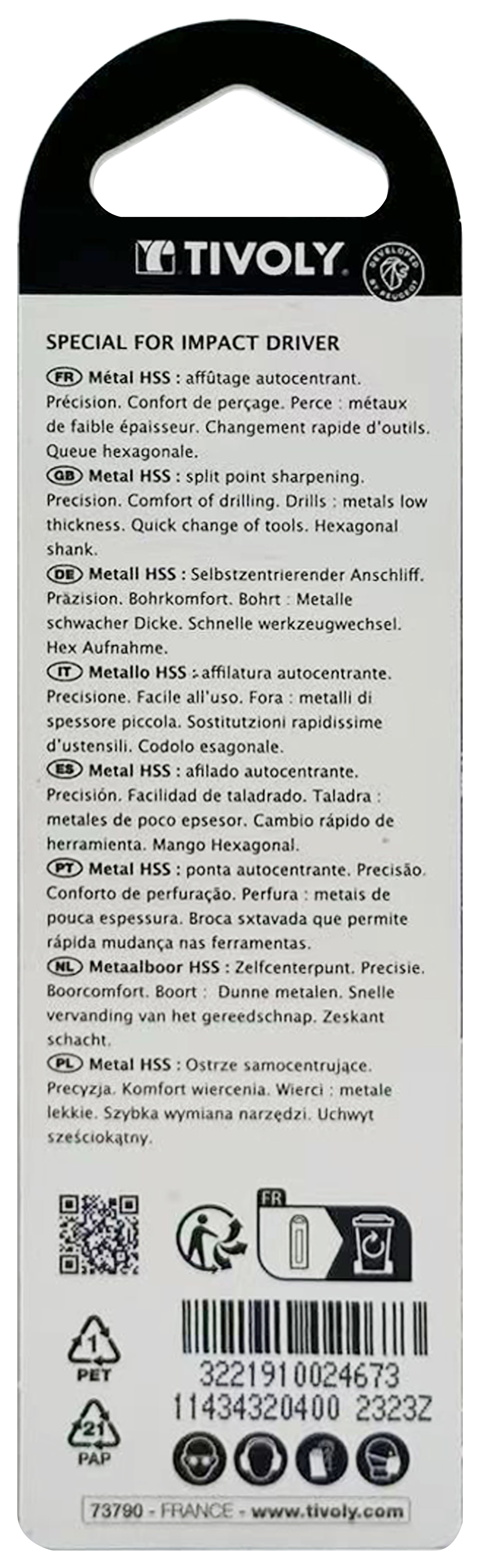 Foret métaux taillé meulé Shock Serie HSS -Revêtu STEAM -Affûtage spécial -Queue hexagonale Ø: 4 L: 94 TIVOLY - 11434320400
