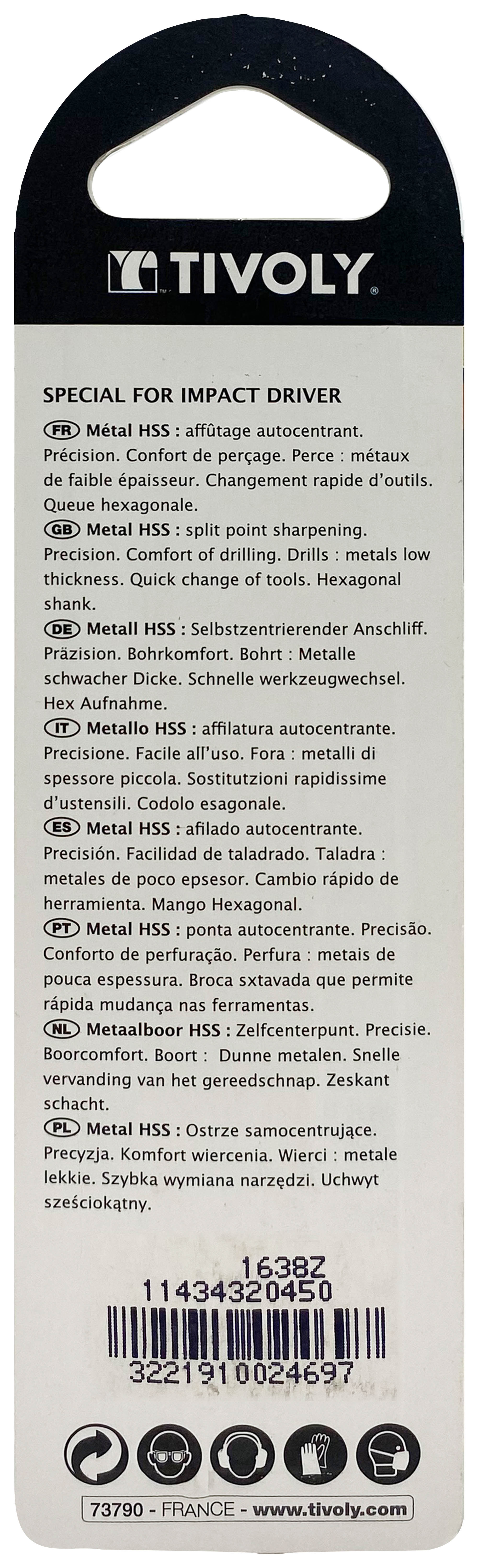 Foret métaux taillé meulé Shock Serie HSS -Revêtu STEAM -Affûtage spécial -Queue hexagonale Ø: 4.5 L: 99 TIVOLY - 11434320450
