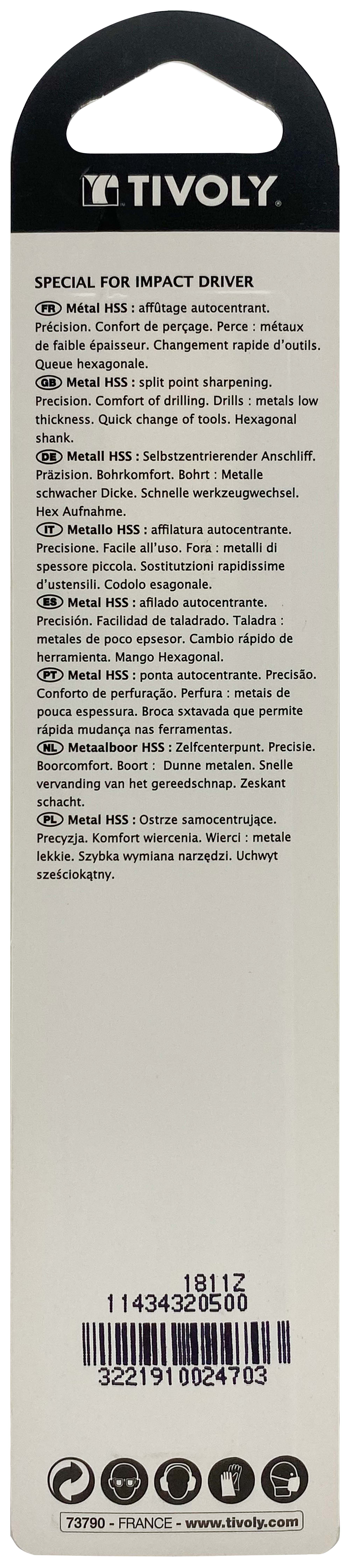 Foret métaux taillé meulé Shock Serie HSS -Revêtu STEAM -Affûtage spécial -Queue hexagonale Ø: 5 L: 105 TIVOLY - 11434320500