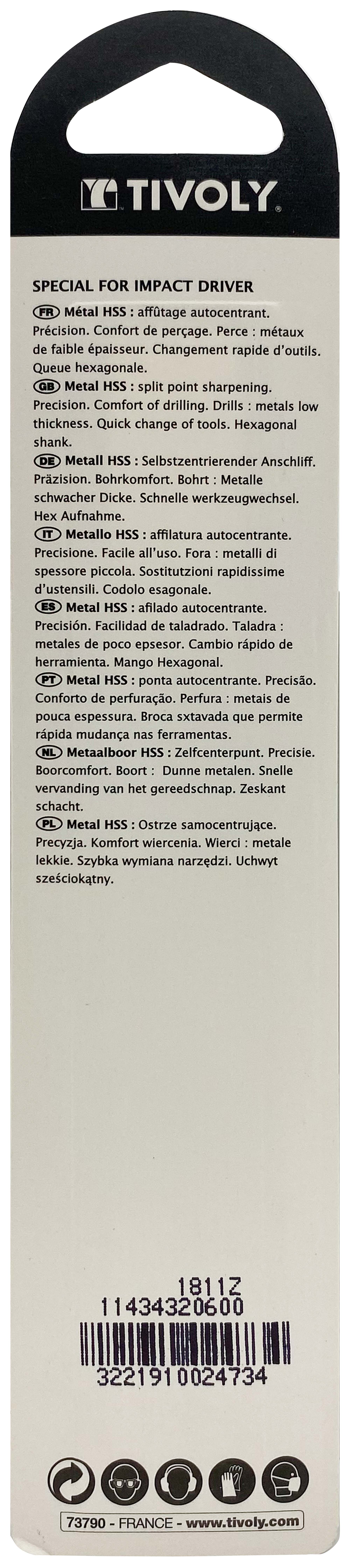 Foret métaux taillé meulé Shock Serie HSS -Revêtu STEAM -Affûtage spécial -Queue hexagonale Ø: 6 L: 112 TIVOLY - 11434320600