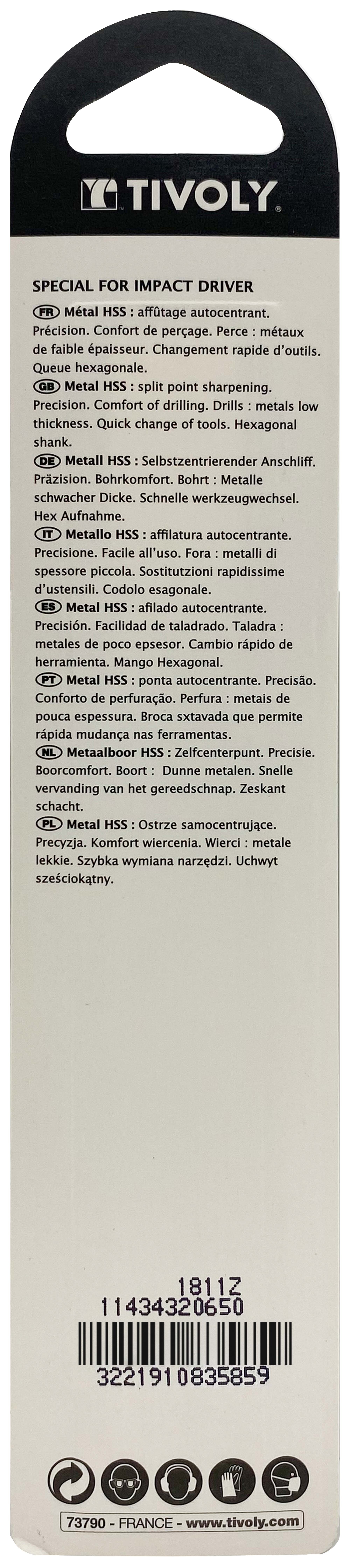 Foret métaux taillé meulé Shock Serie HSS -Revêtu STEAM -Affûtage spécial -Queue hexagonale Ø: 6.5 L: 112 TIVOLY - 11434320650