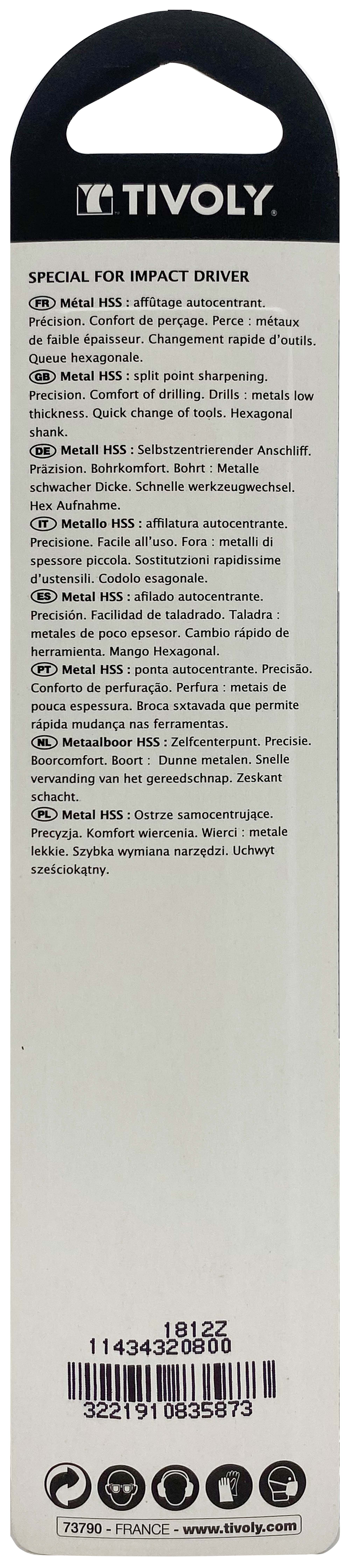 Foret métaux taillé meulé Shock Serie HSS -Revêtu STEAM -Affûtage spécial -Queue hexagonale Ø: 8 L: 117 TIVOLY - 11434320800