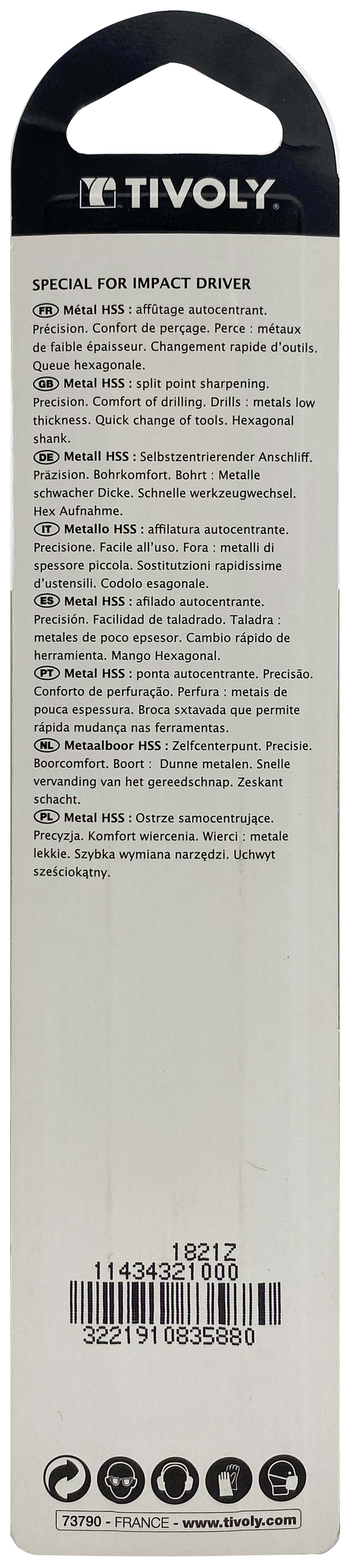 Foret métaux taillé meulé Shock Serie HSS -Revêtu STEAM -Affûtage spécial -Queue hexagonale Ø: 10 L: 133 TIVOLY - 11434321000