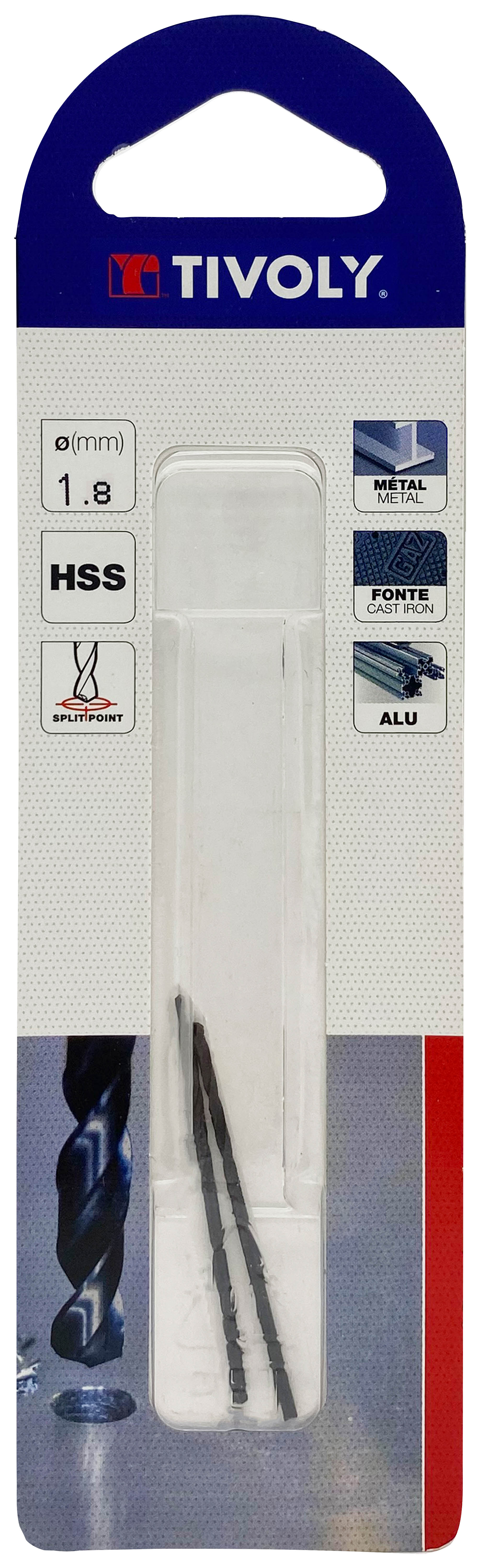 Foret métaux taillé meulé HSS -Revêtu STEAM -DIN338 -h8 -Pointe en croix Ø: 1.8 L: 46 TIVOLY - 11436720180